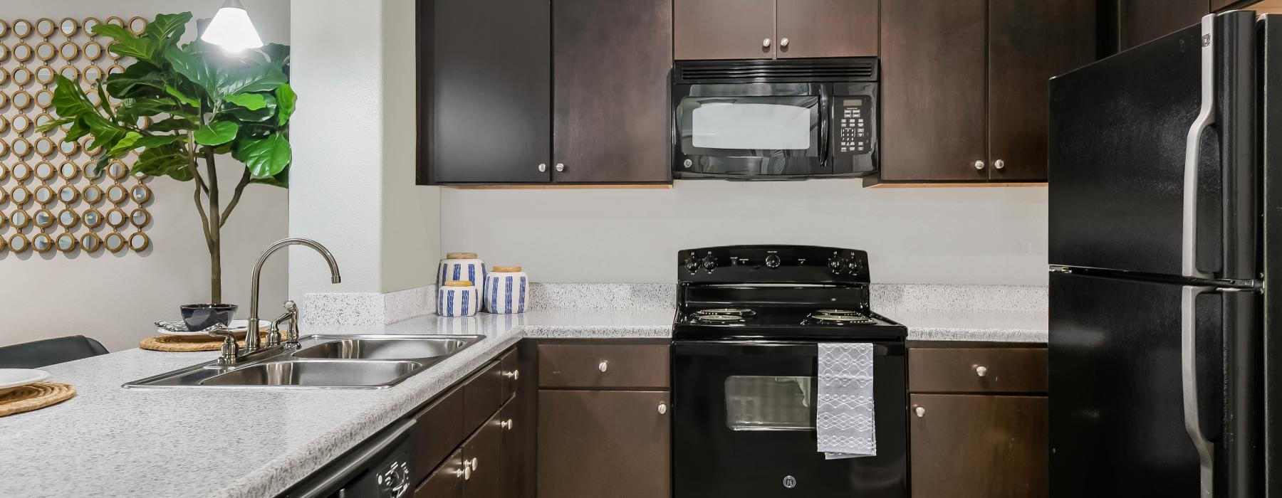 a kitchen with black appliances