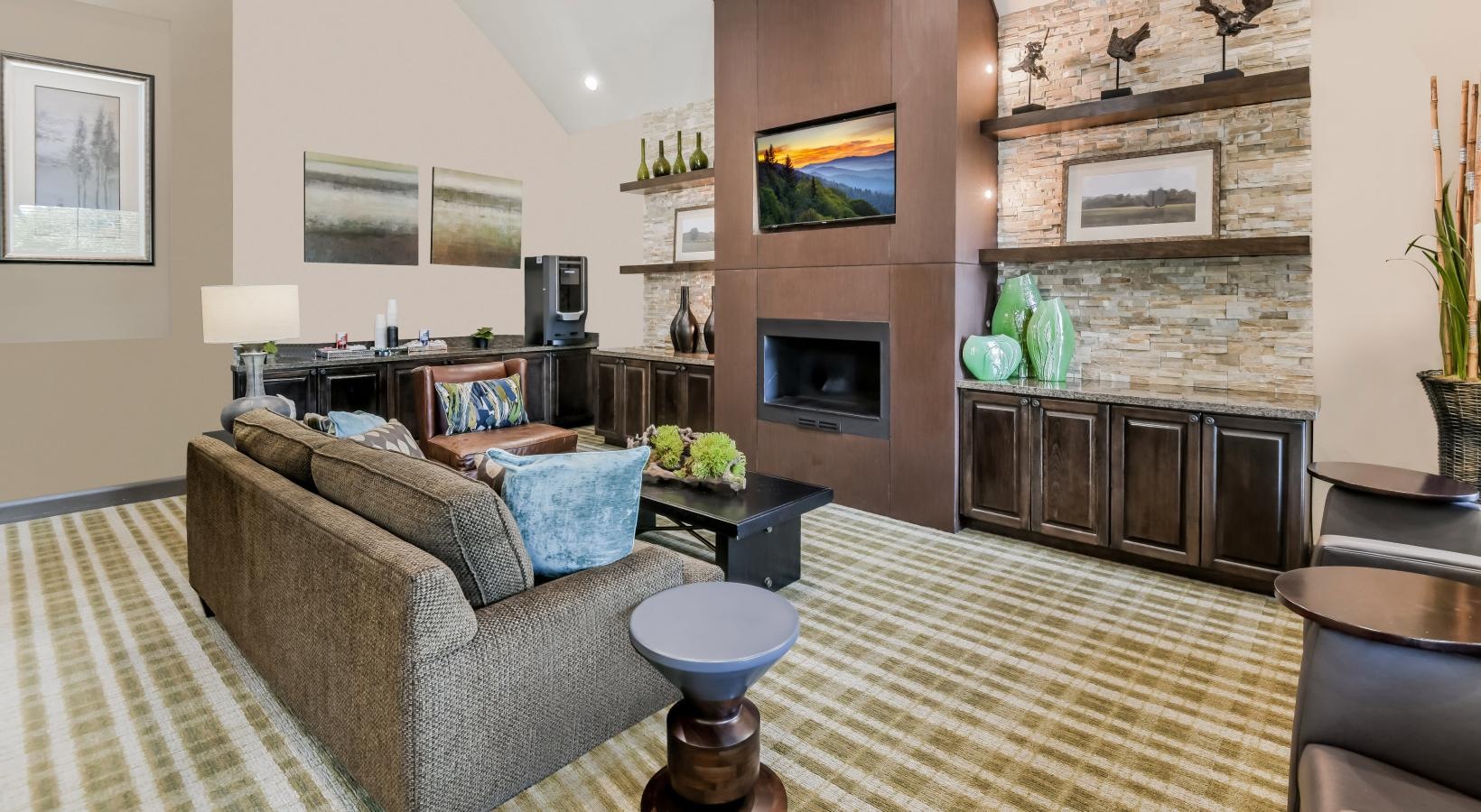 Everything within reach clubroom with a fireplace